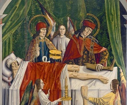 A Verger's Dream: Saints Cosmas and Damian Performing a Miraculous Cure by Transplantation of a Leg. Master of Los Balbases (1495)